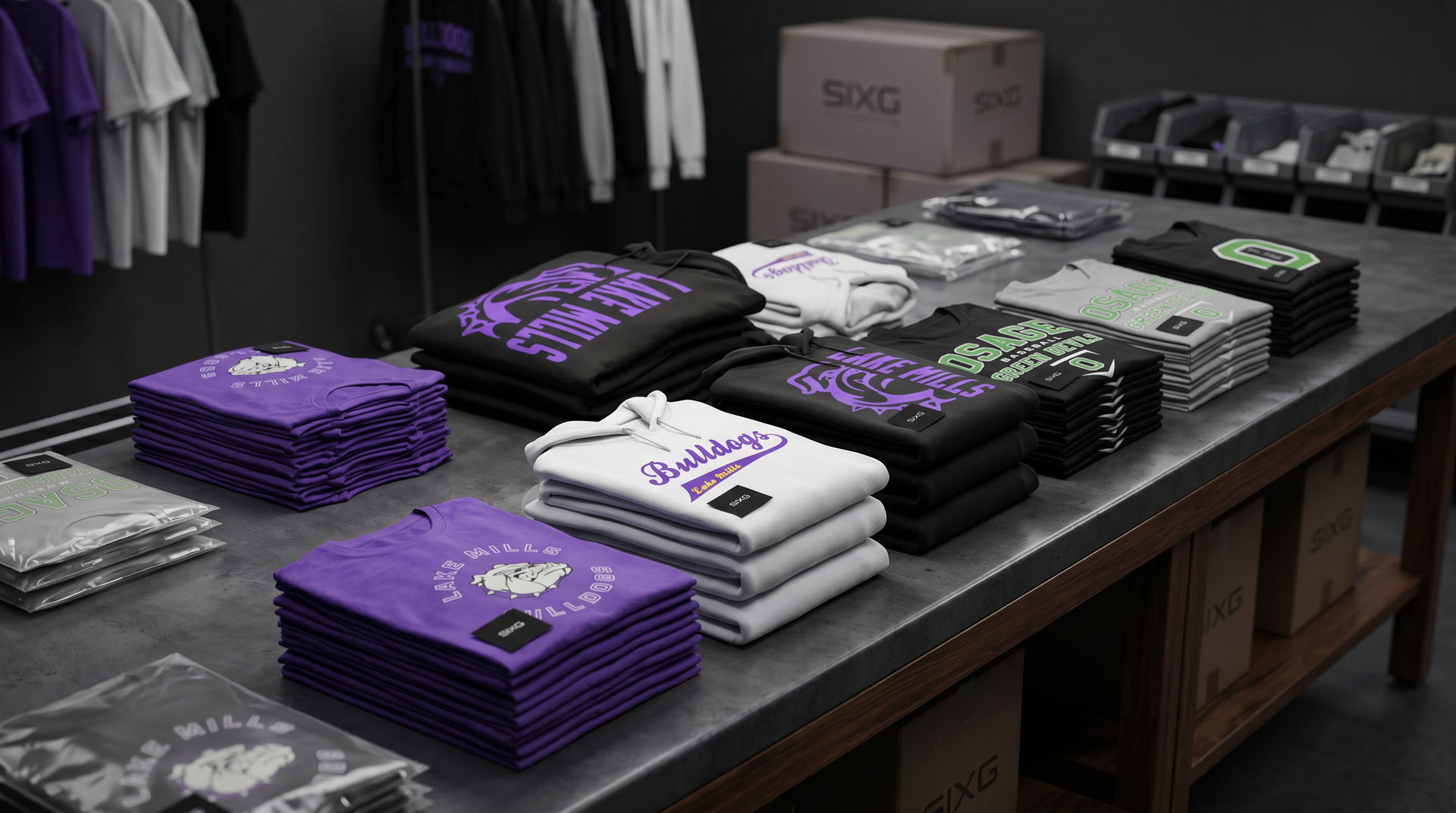 SIXG custom t-shirts with visible branding on a table in a store setting.